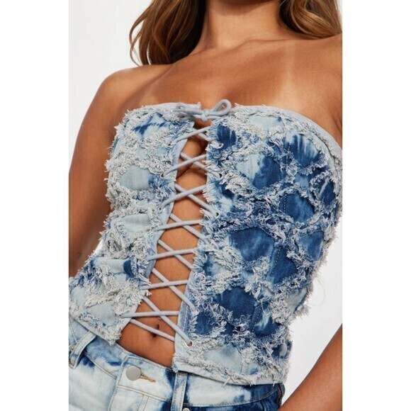 Distressed Denim‎ Light Blue Wash Corset Lace up Top Size Large RefM101 - Picture 1 of 9